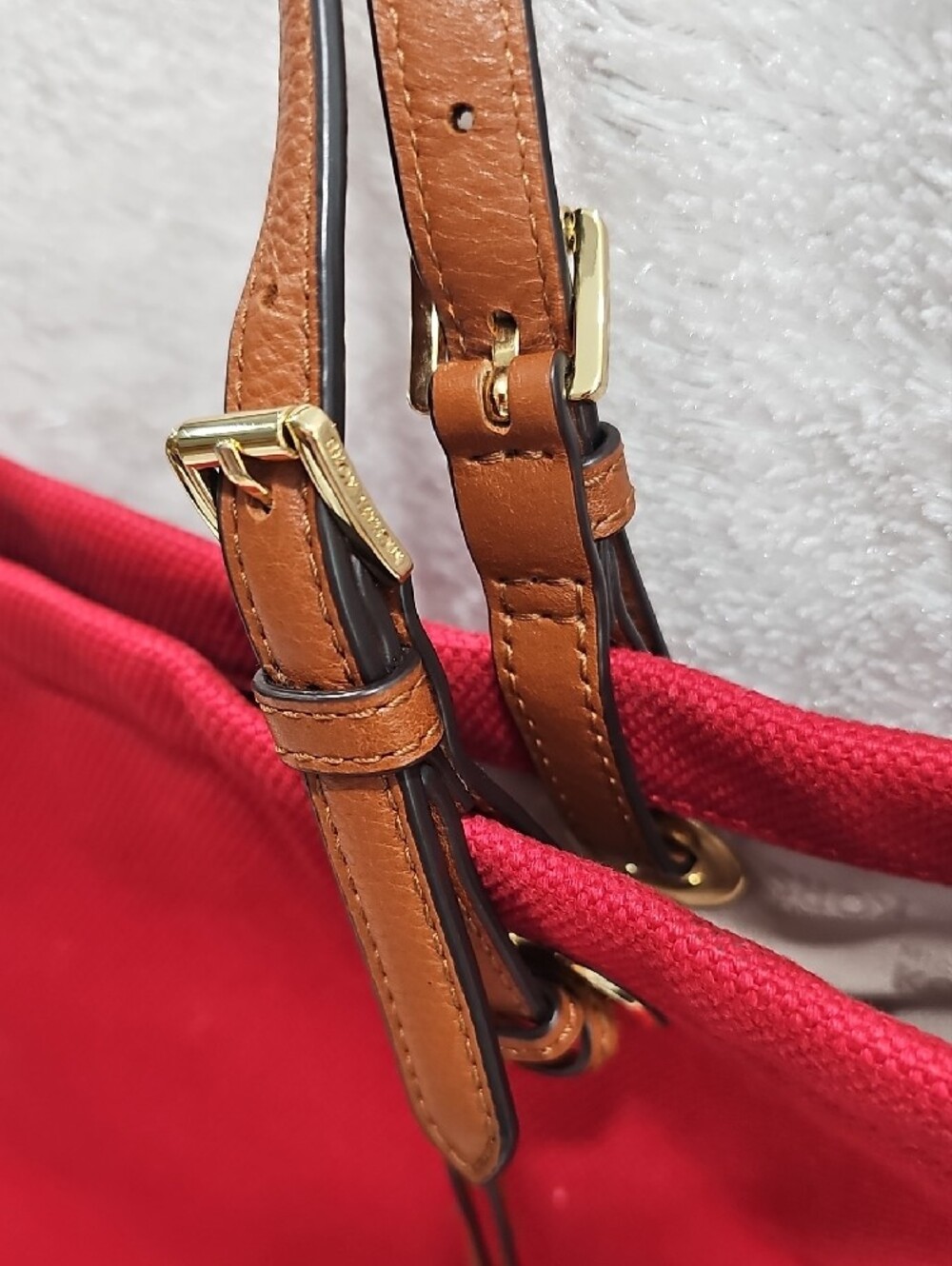Michael Kors Red Canvas Tote with Brown Leather Handles and Gold MK Charm - Picture 17 of 17